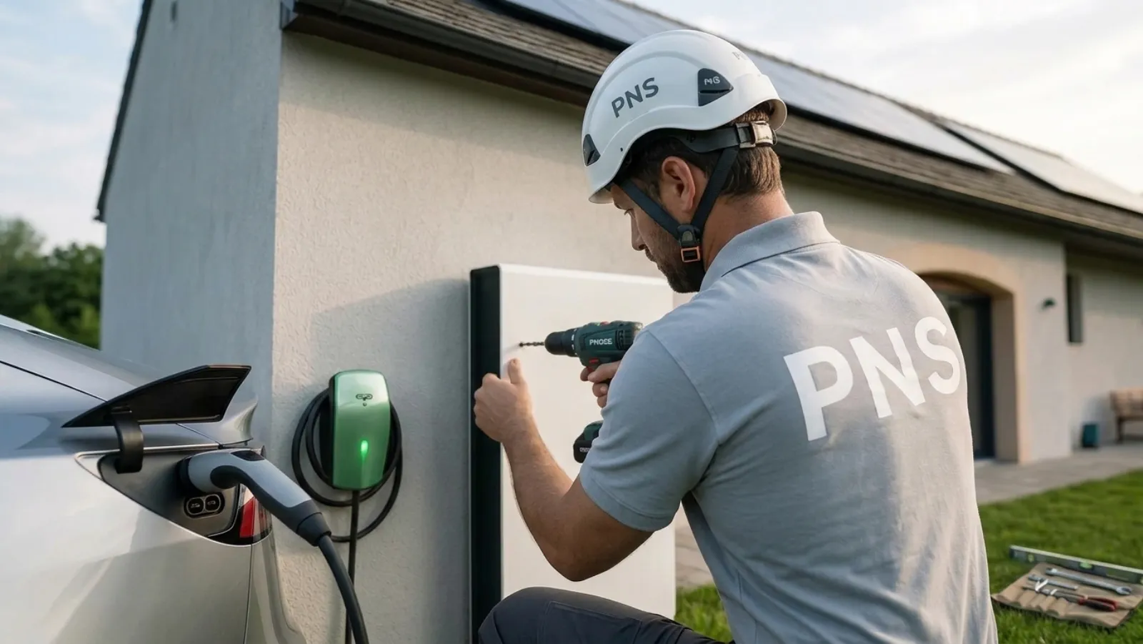 Ombrière photovoltaïque sur parking d'entreprise en zone d'activité d'Amiens, avec bornes de recharge IRVE et panneaux noirs alignés.